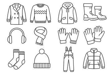 Outline icons of winter clothing and accessories for cold weather