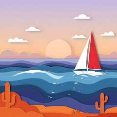 Sailboat at Sunset: Desert Landscape, Paper Art Style with Waves, Cactus, and Warm Tones for Creative Projects and Designs - Serene and Evocative Visual