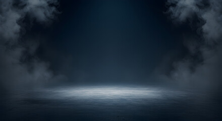 Fototapeta premium Eerie dark blue stage background with smoke effect for product presentation use