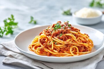 Spaghetti Bolognese with tomato sauce, ground beef, basil and parmesan on a white plate. Light gray tablecloth. Food magazine style, clean simple design. Traditional Italian dish. Classic pasta.