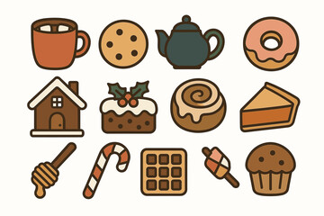 Collection of charming dessert and beverage icons with festive treats and bakery items