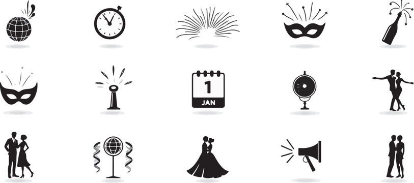 Silhouette Icons Set of New Year&rsquo;s Eve, including fireworks, champagne glasses, party hats, balloons, confetti, countdown clock, calendar page with 31