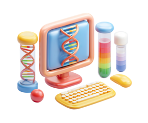 Colorful 3D computer with DNA and test tubes