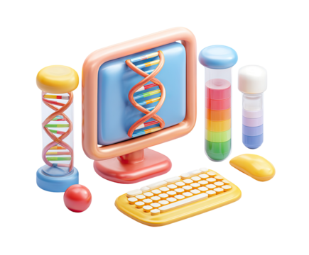 Colorful 3D computer with DNA and test tubes