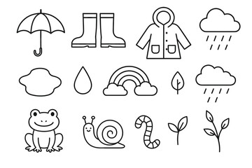 Rainy day icons: umbrella boots coat clouds rainbow frog snail leaf