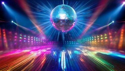 vibrant flashing lights reflect off a spinning disco ball above a colorful dance floor surrounded by funky retro patterns and fog machines