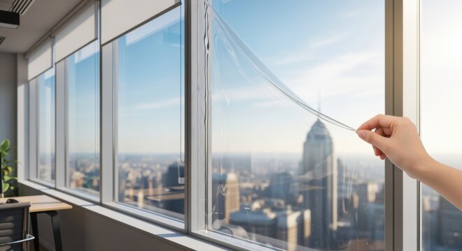 Side angle view showing the smooth shrinking effect of insulating film on a large office window highlighting clarity and protective benefits against UV rays.