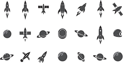 silhouette set of Space technology and exploration icons featuring satellites, rockets, planets, and telescopes, sharp futuristic vector design