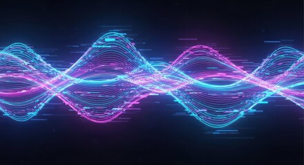 Abstract visualization of oscillating waves in blue and pink, with digital noise and glitch effects on a dark background.