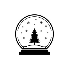 Black and White Snow Globe with Christmas Tree and Snowflakes Icon