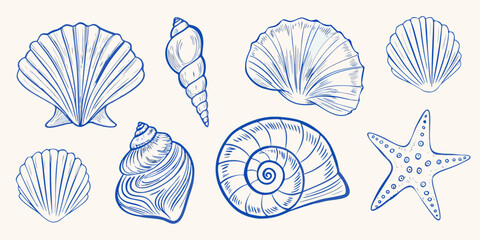 Collection of hand drawn blue line art seashells and starfish on a light cream background