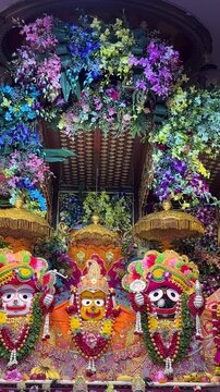 Colourful idol of hindu god Jagannath and goddess radha decorated with colorful flowers and light during the occasion of Janmashtami at iskcon temple.