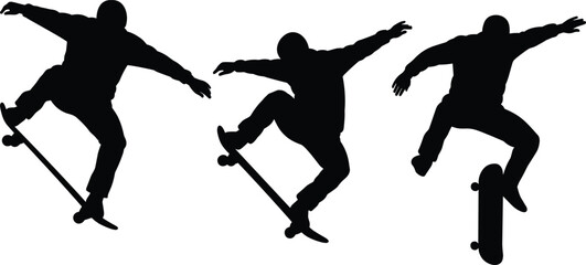 Three dynamic silhouettes of a skateboarder performing tricks on a white background skateboarding jump