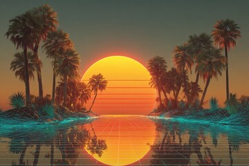 Obraz premium Retrofuturistic island paradise sunset