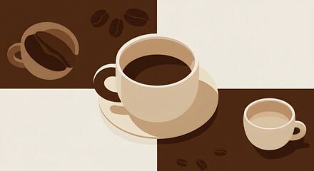 Obraz premium Coffee Cups with Coffee Beans Illustration: Minimalist Design in Brown & White, Cafe Drinks, Morning Beverage, Aroma, and Coffee Break Concept Art
