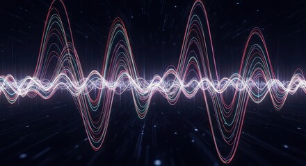 Abstract visualization of sound waves, featuring multiple oscillating lines in shades of white, pink, and green against a dark, starry background.