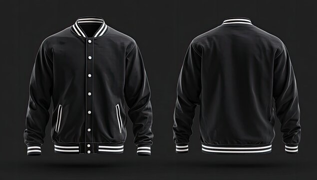 Black varsity jacket, front and back views