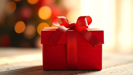 A vibrant red gift box adorned with a delicate ribbon bow, exuding warmth and festive charm in a close-up view.