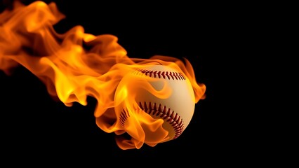 A fiery baseball isolated against darkness, showcasing vibrant flames in a striking close-up.