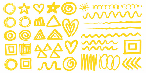 Collection of hand drawn yellow abstract shapes and lines on a white background