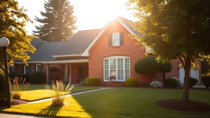 Charming suburban house with red brick facade and white trim bathed in morning sunlight.