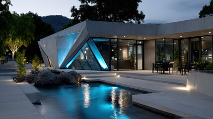 A stunning view of a modern architecture featured in this image, showcasing geometric designs and a tranquil reflective pool enhancing the elegant outdoor environment.