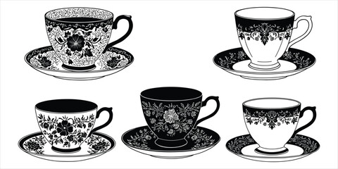 Vintage Teacups And Saucers With Floral Patterns In Black And White antique china