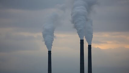 Industrial smokestacks releasing vapor into a cloudy sky, conveying an environmental message with muted tones.