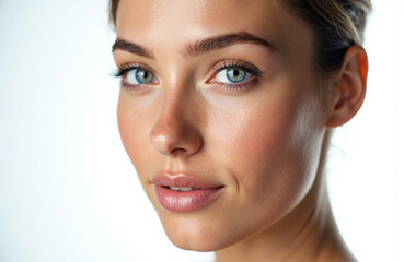 Naklejka premium A close-up of a woman with clear skin and bright blue eyes looking at the camera
