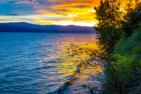Scenic colorful view of the Flathead lake at sunset in Montana