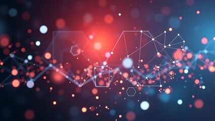 Abstract data visualization with floating geometric shapes and light particles.