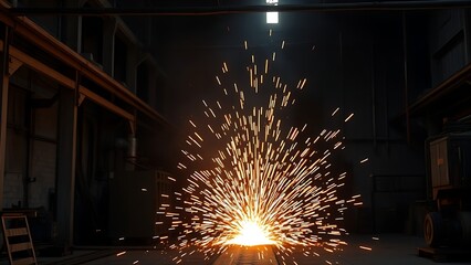 An industrial workshop with glowing sparks, showcasing dynamic energy in a dark environment.