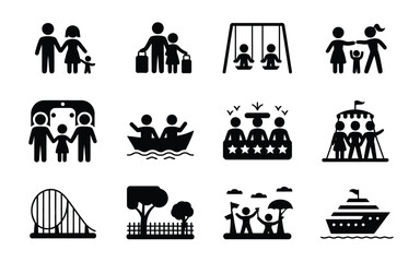 Family activities and recreation black silhouette icons set