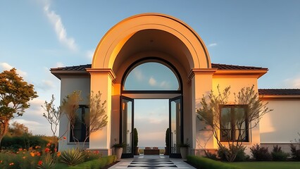 Grand arched doorway of a contemporary villa, framed by Mediterranean gardens under golden hour light.