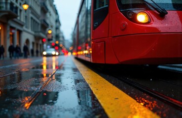 Obraz premium A red tram moving along a city street on a rainy day with reflections on wet pavement