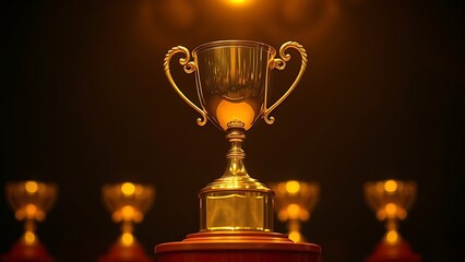 Golden trophy on a pedestal illuminated by a warm spotlight against a dark blurred background.