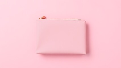 Pink cosmetic bag on soft pink background, flat lay with ample copy space.