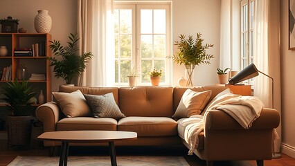 Comfortable sofa in a warm living room setting, bathed in soft afternoon light from a nearby window.