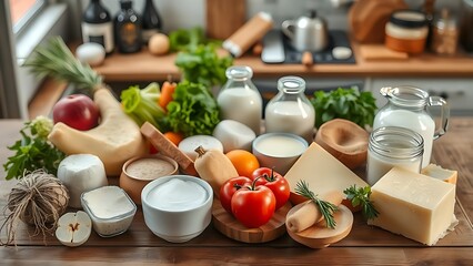 Assortment of fresh dairy products displayed on a wooden table in a rustic kitchen setting.