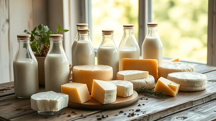 An arrangement of fresh dairy products on a rustic table, showcasing natural textures.