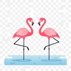 Obraz premium Two pink flamingos standing in blue water.