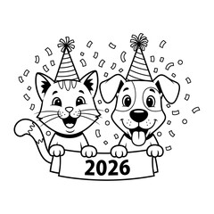 Cartoon Cat and Dog Celebrating New Year 2026