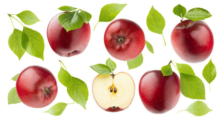 Ripe fresh red apples and green leaves, rich collection - whole, half,  tails, different sides, fly, levitation as patten, isolated on white background. Summer natural food, fruits as design elements.