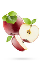 Juicy red apples with green leaves fly on white background as art composition, closeup, with whole, half and quarter fruit, isolated, shadow. Summer fruits for advertising, design, label product.