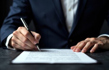 Businessman signing document with pen on desk in formal setting