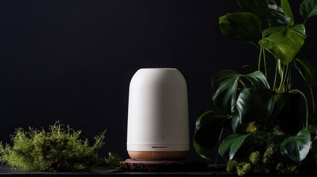 Modern white essential oil diffuser with succulents on a dark background, ideal for aromatherapy branding, home wellness blogs, and product advertising