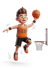 Cartoon basketball player in mid-air, ready to shoot, with hoop in the background. Orange, brown, black color scheme