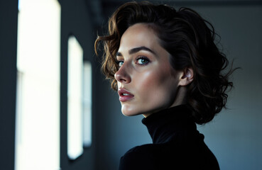Woman with short curly hair looking sideways in a modern indoor setting