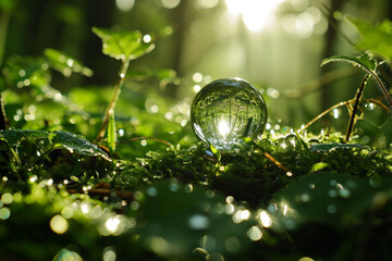 a round drop of water in a clearing in a green forest morning sun 