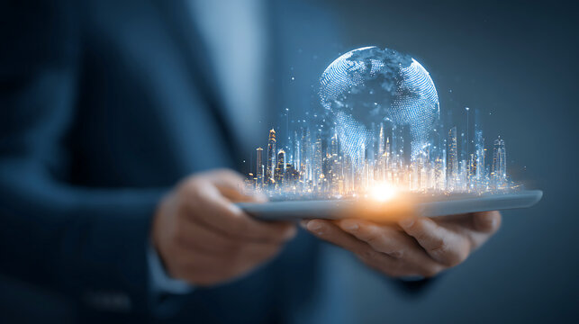 Businessman holding a tablet displaying a futuristic holographic cityscape and globe - Powered by Adobe